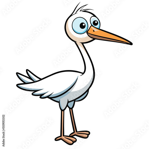 Cartoon egret bird stands cheerfully with its vibrant orange beak and blue outlined eyes