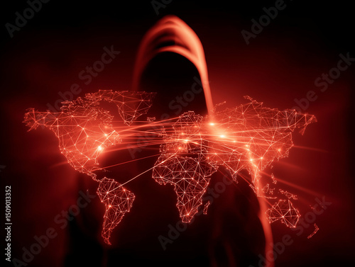 Global Threat: A hooded figure looms ominously against a backdrop of a digitally rendered world map pulsating with interconnected nodes, evoking a sense of cyber espionage and international peril. 