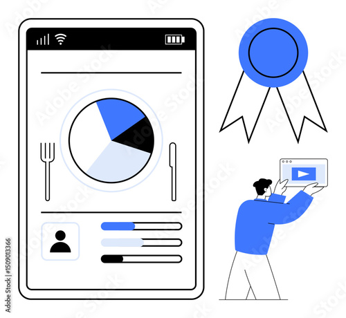 Nutrition tracking app display with pie chart, user profile, utensils, award badge, and man holding video screen. Ideal for health monitoring, lifestyle, fitness, education analysis apps