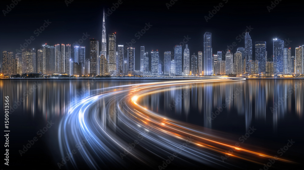 Obraz premium Nightscape of City Lights: The mesmerizing cityscape at night unveils a breathtaking panorama of towering skyscrapers aglow, reflecting beautifully onto the still water.