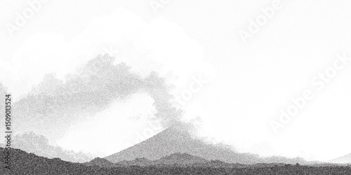 Stipple halftone landscape of a smoking volcano with thick plume. Grainy texture and monochrome style of eruption scene.