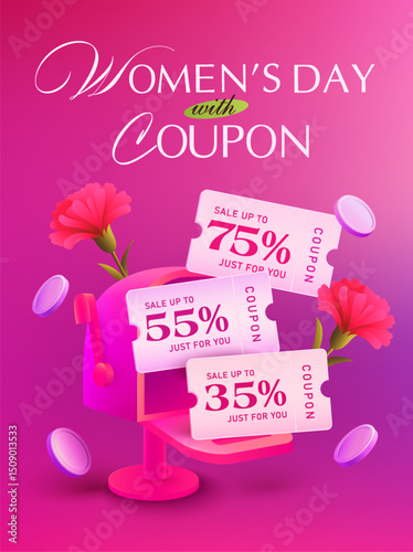 3d women day coupons flying from a mailbox with flowers and coins flying around, isolated on gradient background. Women day gift voucher banner template in 3d vector. Vector illustration