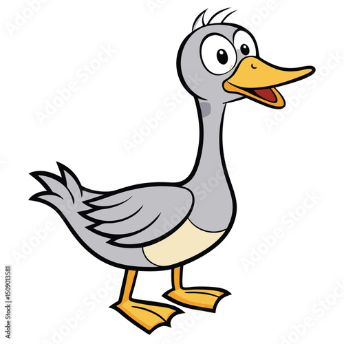 Cartoon goose smiles with happy expression, standing upright and looking forward on white
