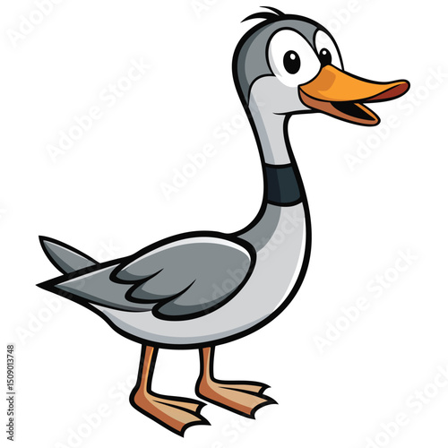 A gray cartoon goose stands happily, its orange beak slightly open, on white