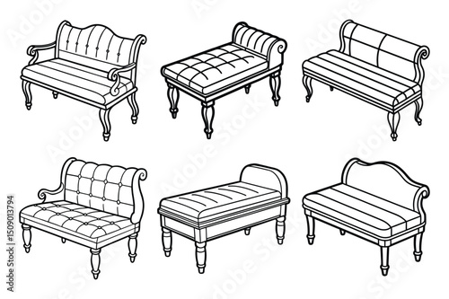 Set of soft bench for bedroom line art vector illustration on white background.