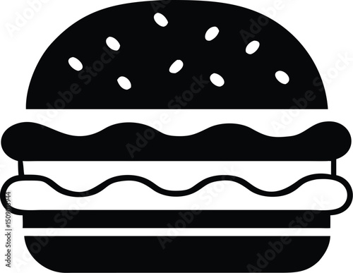 Black burger silhouette with sesame seeds showcases classic fast food appeal and simplicity