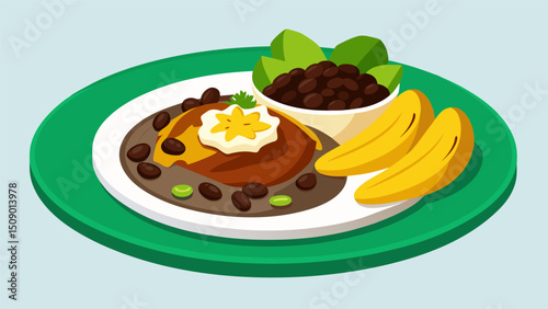 A traditional casado plate showcasing a flavorful beef stew creamy black beans and a side of crispy fried green plantains.. Vector illustration