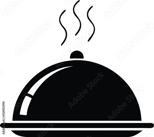 Black and white silhouette shows a hot dish covered on a serving platter with steam