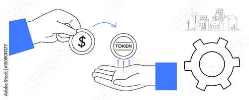 Hands exchanging dollar coin and token, blue accents, industrial setting, wind turbines, solar panels, gear shape. Ideal for blockchain, fintech, renewable energy crypto investment automation
