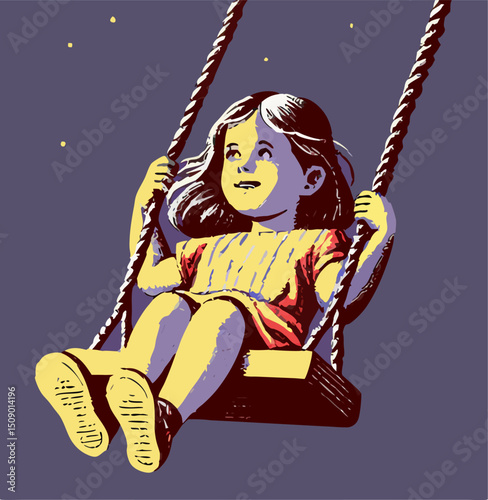 Little Girl on Swing at Night, Starry Sky, Child's Play