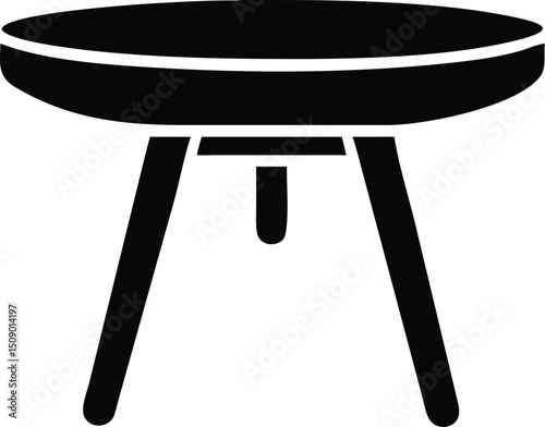 A minimalist black table with round top and three legs is displayed here