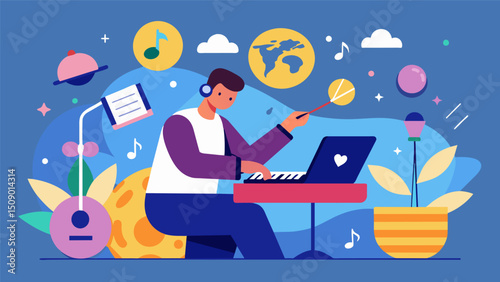 A composer uses data on social media engagement to inform their musical choices resulting in a piece that goes viral and reaches a global audience.. Vector illustration
