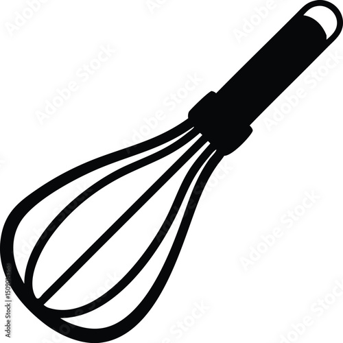 Isolated black icon presents a kitchen whisk with a handle on transparent background