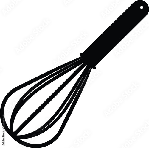 An isolated black metal whisk shows a simple culinary kitchen tool on transparent background