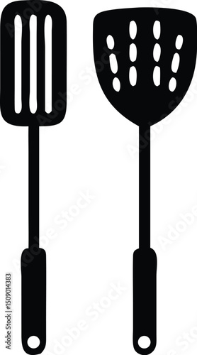 Kitchen tools are presented with the spatula, slotted turner, and a transparent background