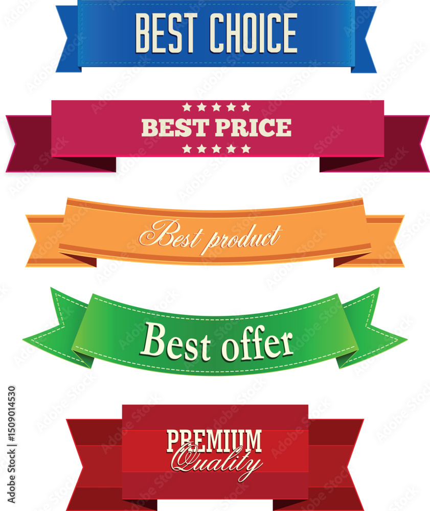 Collection of promotional banners and labels for sale and promotion.
