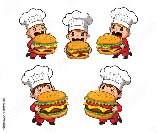 Adorable Chef Cartoon Characters Devouring Giant Burgers A Set of Fun Illustrations