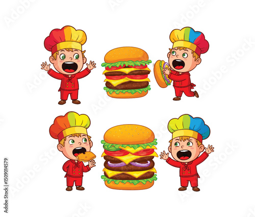 Adorable Cartoon Chef Characters with Delicious Double-Decker Burgers Fun Food Illustrations