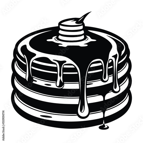 A stack of pancakes covered in syrup appears in a bold black silhouette