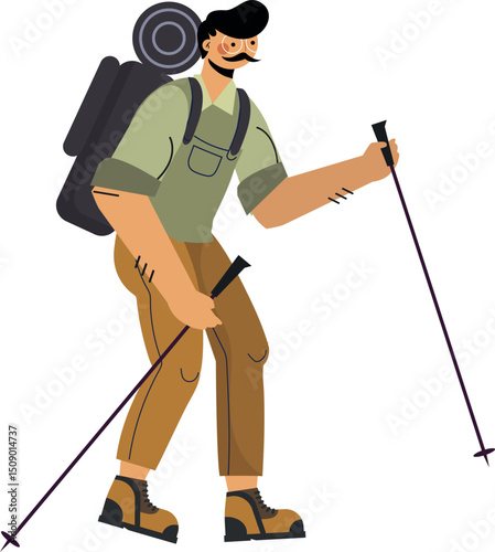 Adventurous Hiker with Backpack and Walking Sticks