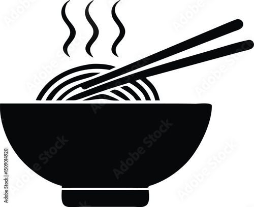 Black bowl containing steaming noodles with chopsticks is shown on transparent backdrop here