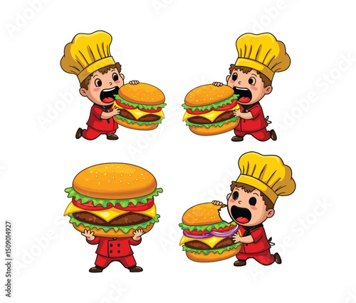 Adorable Chef Cartoon Character Devouring Giant Burgers A Set of Fun Illustrations