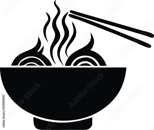 Steaming noodles in a bowl with chopsticks create a minimalist, monochromatic, silhouette food art