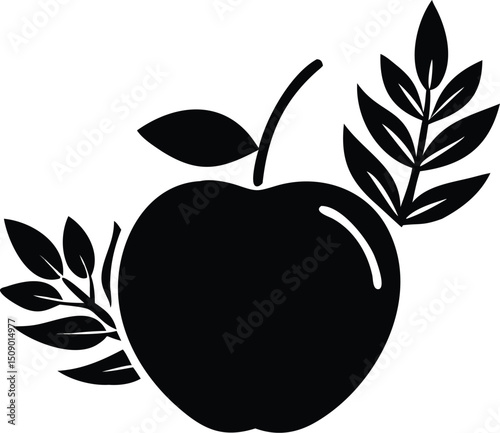 Black apple silhouette displays alongside branching leaves in a minimalistic organic arrangement, transparent background