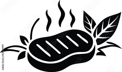 Steaming steak with grill marks and leaves evokes culinary delight; it is on transparent background