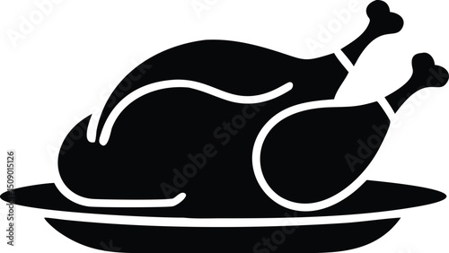 Whole roasted turkey icon rests on a dish, all in black silhouette with transparent background