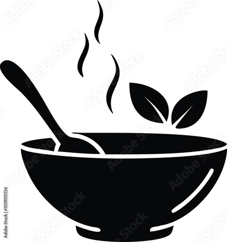 Black silhouette shows a steaming bowl with spoon and green leaves on a white background