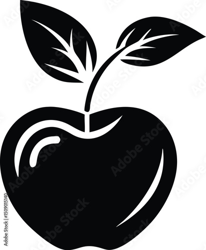 A stylized black apple with two leaves appears against a transparent background
