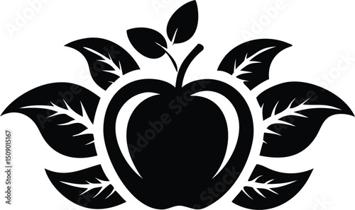 A stylized black apple sits nestled among several leaves in this on transparent background