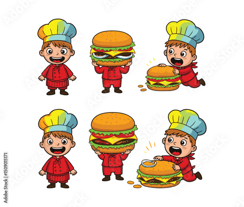 Adorable Cartoon Chef Preparing Giant Burgers Fun Culinary Illustrations