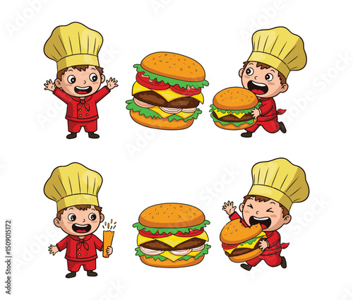 Adorable Cartoon Chef and Delicious Burgers Fun Illustration Set