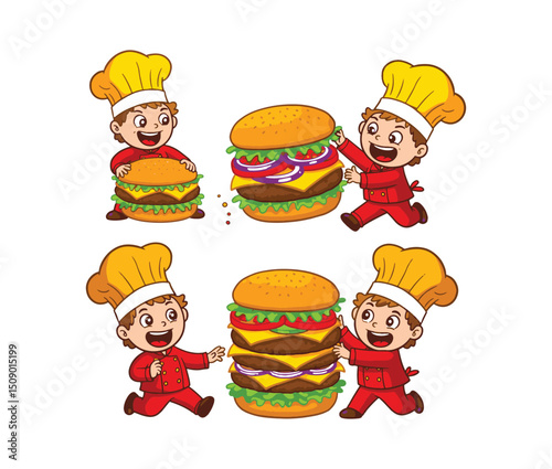 Adorable Cartoon Chefs Preparing Gigantic Delicious Burgers Fun Food Illustration