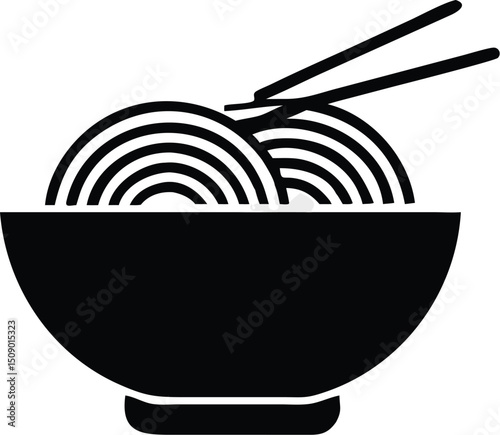 Steaming black bowl filled with delicious noodles and chopsticks on a transparent background