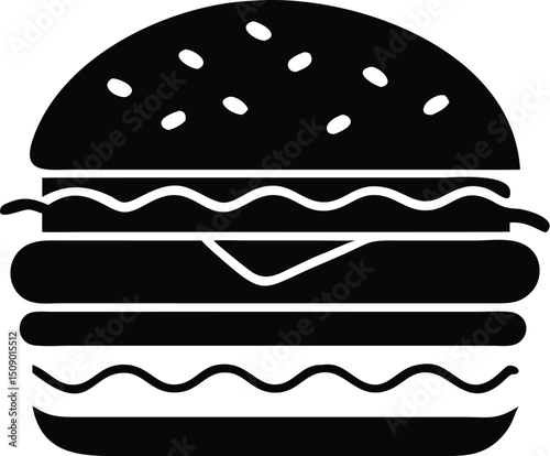 Black burger silhouette showcases layers of ingredients on a white transparent background clearly