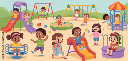 Happy Diverse Children Playing on Playground Equipment