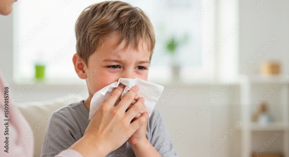Young boy blowing his nose with help in bright living room Young boy blowing his nose with help in bright living room