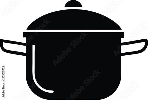 A solid black pot with lid and curved handles symbolizes cooking food on the stove