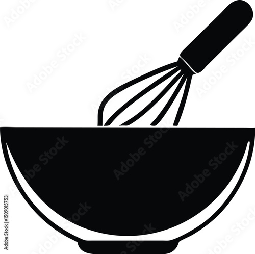 Black and white silhouette shows a whisk inside of a deep bowl against white