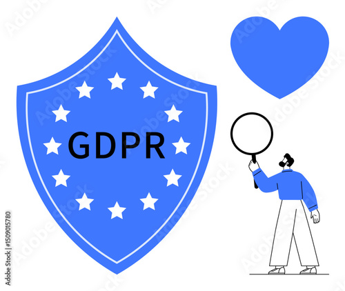 Blue GDPR shield surrounded by stars, a heart symbol, and a person holding a magnifying glass. Ideal for data privacy, security, compliance, trust, transparency, legal framework simple landing page