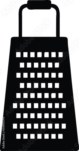 Black grater stands starkly, its square holes puncturing the simple surface in silhouette on transparent backdrop