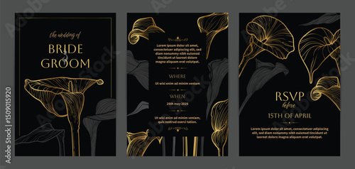 Beautiful golden wedding invitations. Modern and luxurious A4 vector format design with highly detailed flowers for print and web. Hand drawn calla lily illustrations on black and gold design 
