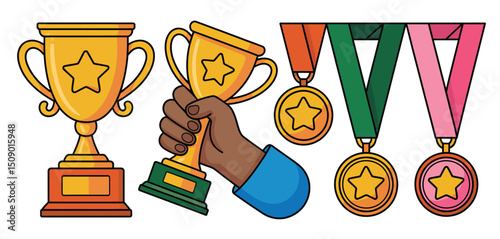 Gold Trophies Medals Awards Winning Achievement Celebration
