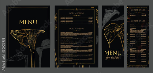 Luxurious food and drinks menu designs. Restaurant menu template. Elegant vector A4 format with high quality flowers for print and online usage. Golden hand drawn line art calla lily illustrations.
