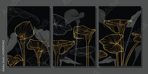 Black and gold luxurious vector card and invitation templates. Hand drawn calla lily flowers decorating these elegant print and online graphic assets. Set of A4 posters.