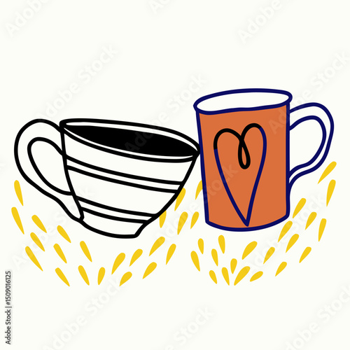 Two Coffee Cups: Striped Teacup and Heart Mug