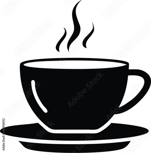 Hot beverage in a black teacup resting on a saucer emits rising steam with transparent background